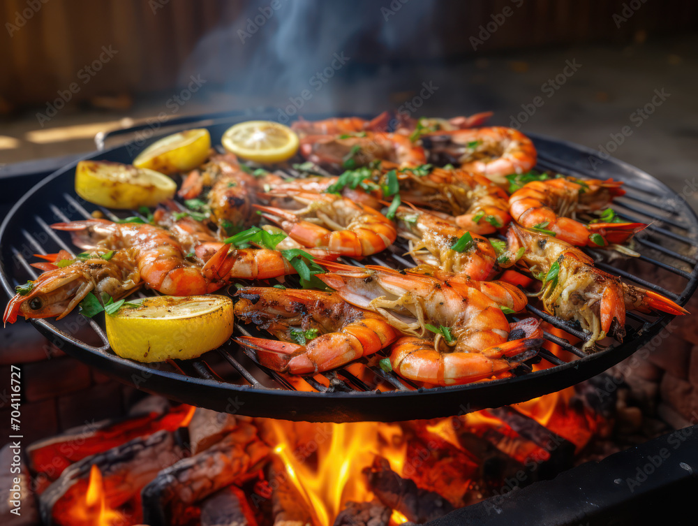 Prawns grilled with seafood spices, delicious smoky aroma