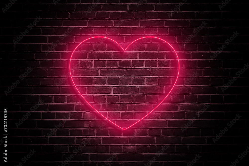 Neon Love: Valentine's Day Heart on Dark Brick Wall