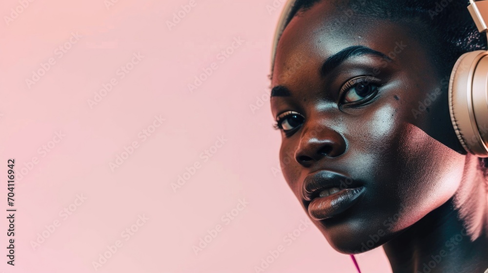 A woman with dark skin wearing white headphones against a pink background.