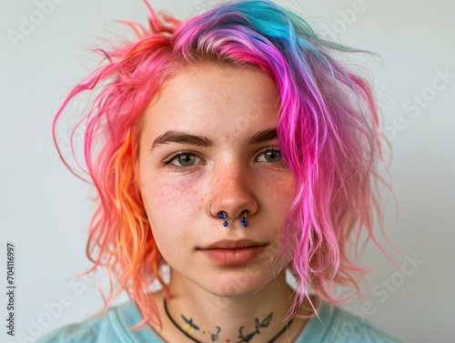 Portrait of a young person with rainbow-colored hair and a nose ring, looking pensively to the side