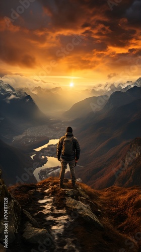 Man standing on a mountaintop overlooking a valley at sunset © duyina1990