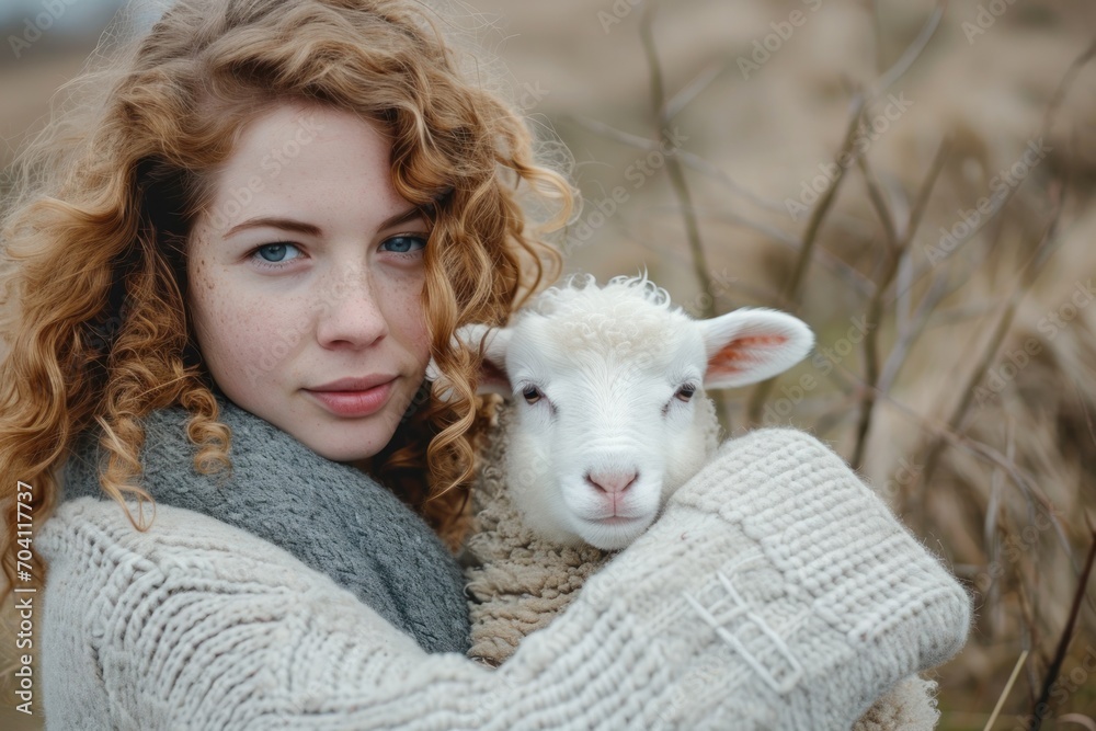 Portrait of woman with cute white baby sheep