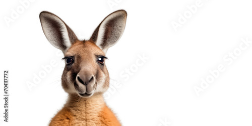 Closeup of Kangaroo face isolated on white background with copy space