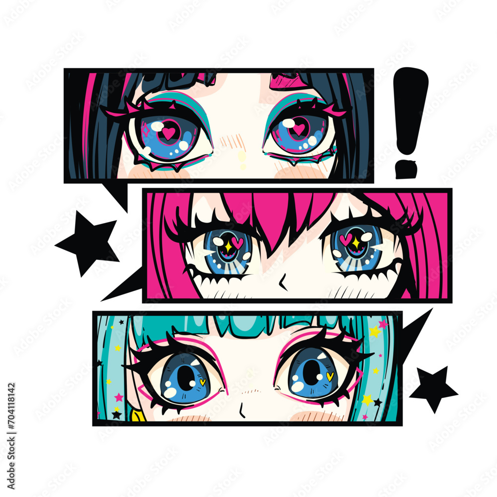 Girls anime face with big eyes and hearts. Manga style big blue eyes