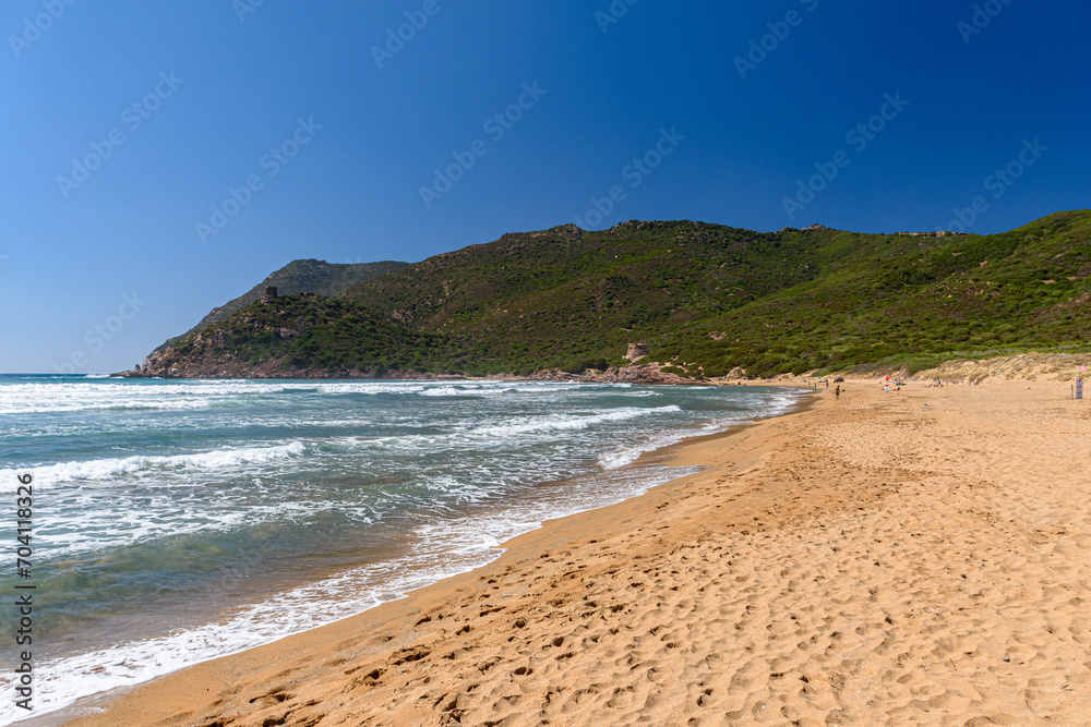 The Porto Ferro beach, in northwest Sardinia near Alghero, during a windy summer day with rough sea