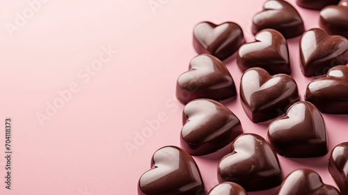 Chocolate candy hearts, for Valentine's Day. Pink background with copyspace. Graphic banner