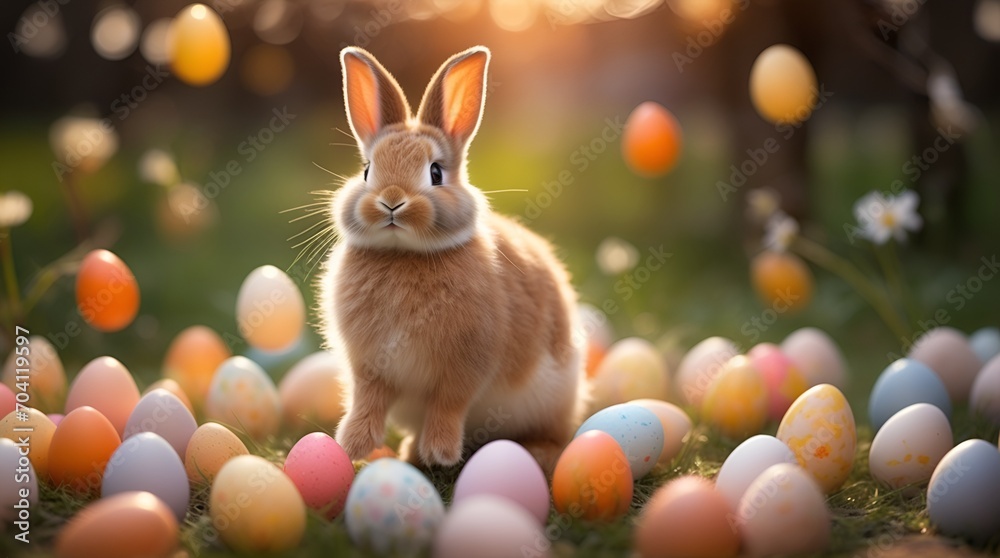 fluffy bunny and Easter eggs frolicking in a picturesque spring park fluffy bunny and Easter eggs frolicking in a picturesque spring park