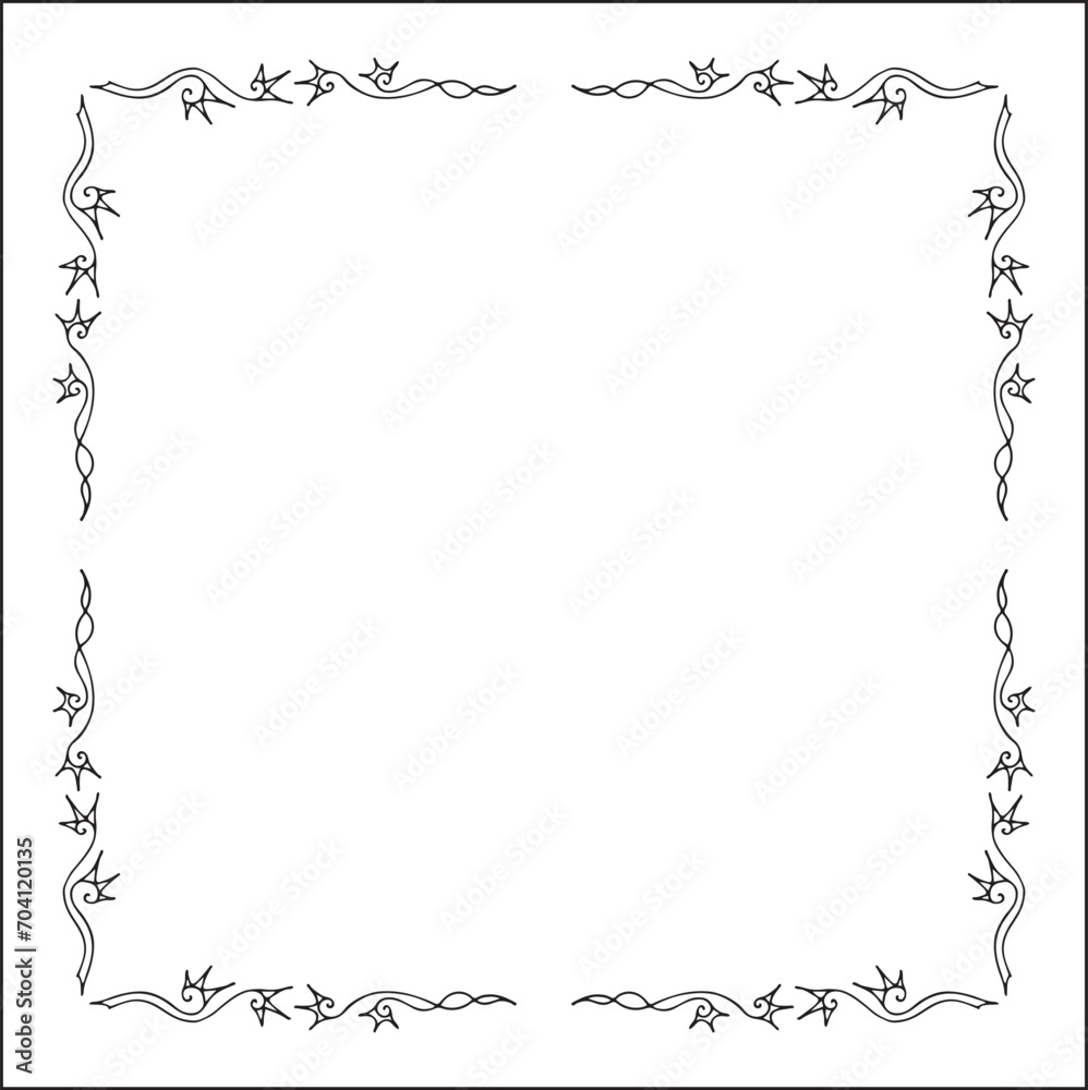 Elegant black and white thin ornamental frame, sharp corners, decorative border, corners for greeting cards, banners, business cards, invitations, menus. Isolated vector illustration. Elegant black and white thin ornamental frame, sharp corners, decorative border, corners for greeting cards, banners, business cards, invitations, menus. Isolated vector illustration.