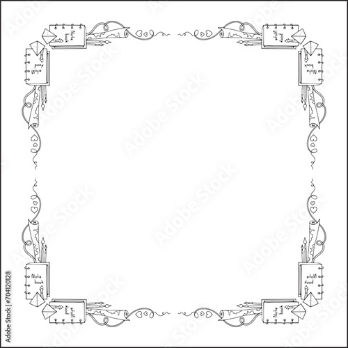 Elegant ornamental frame with school objects, decorative border, corners. Isolated vector illustration.