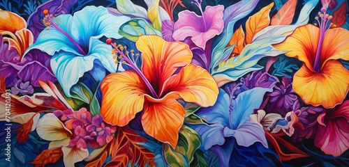 A cluster of exotic tropical flowers with vivid colors and intricate patterns