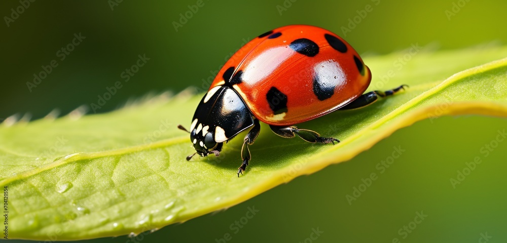A detailed image of a red and black spotted ladybug on a green leaf under the summer sun A detailed image of a red and black spotted ladybug on a green leaf under the summer sun