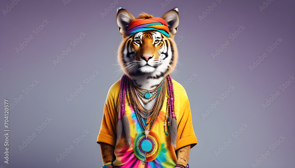 Tiger dressed in hippy clothes. Humanization of animals concept Tiger dressed in hippy clothes. Humanization of animals concept