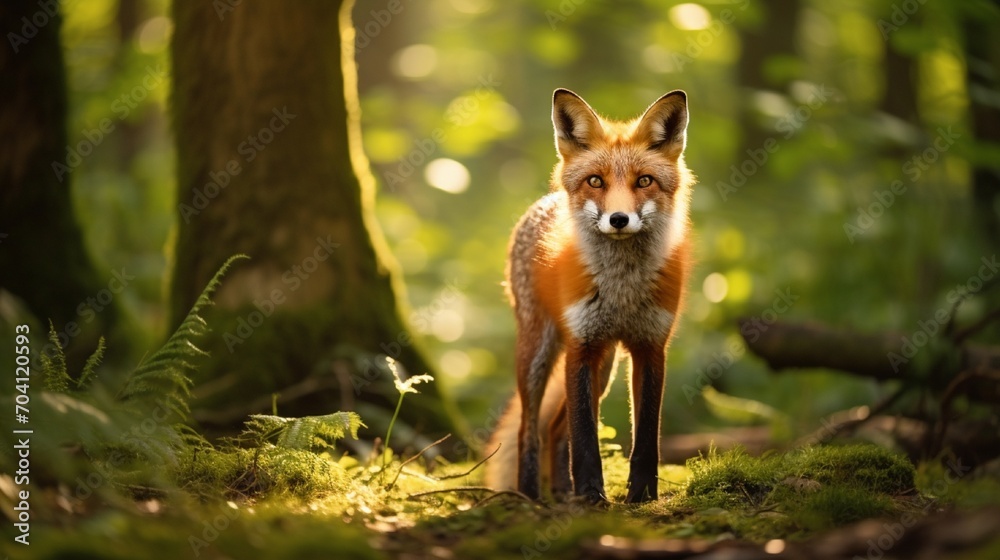 A detailed image of a red fox in a forest clearing, captured in natural lighting