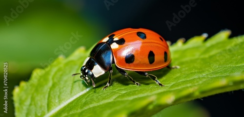 A detailed image of a red and black spotted ladybug on a green leaf under the summer sun © Nasreen