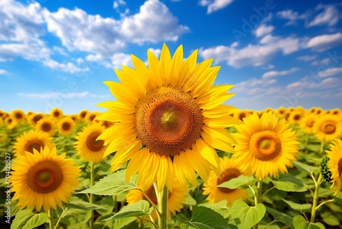 A detailed front view of a sunflower field  with the flowers facing the bright summer sun