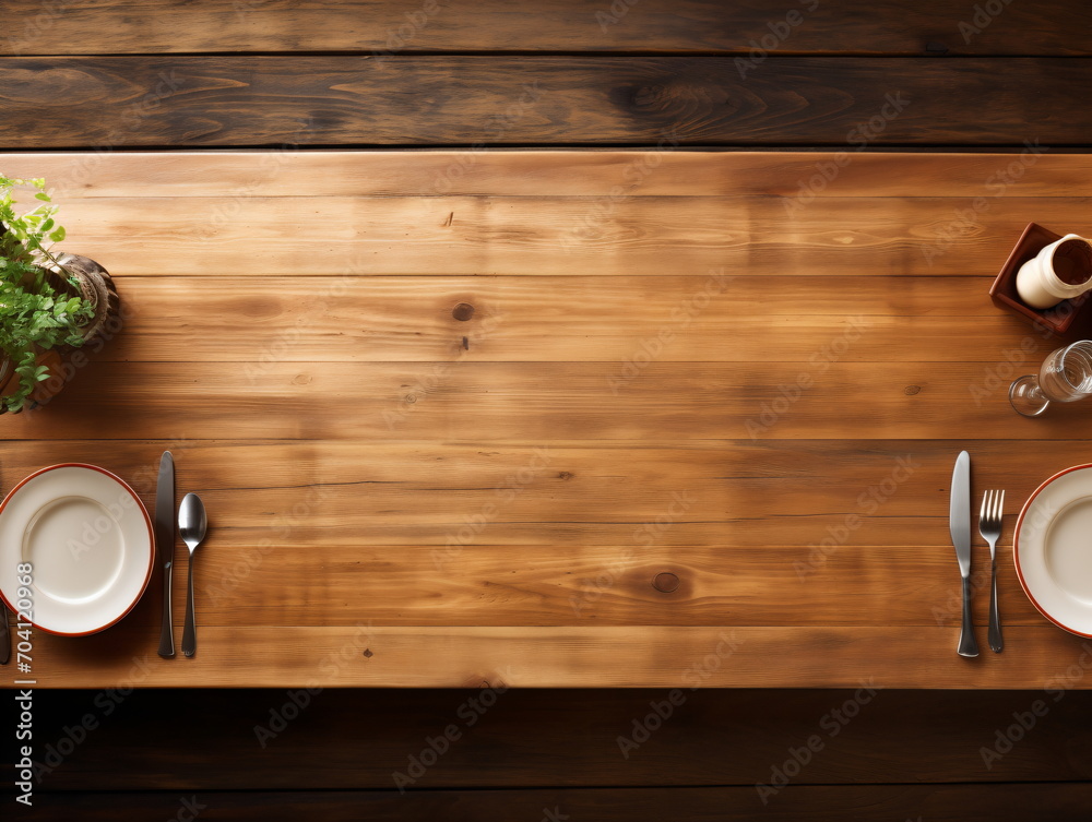 Rustic wooden table with place settings and a potted plant Rustic wooden table with place settings and a potted plant