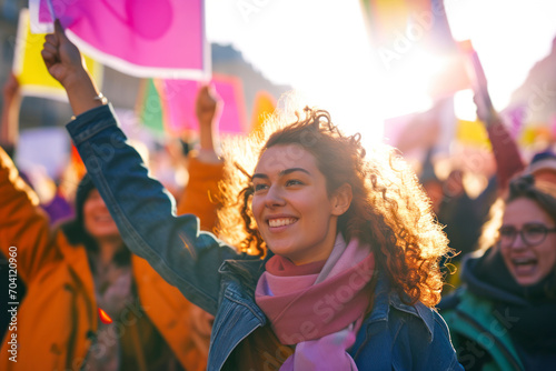 Empowering women\'s march, a dynamic image capturing a diverse group of women participating in a vibrant and empowering march or rally.