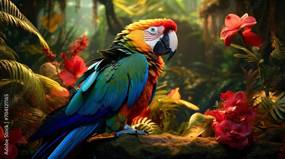 A high-definition image of a colorful parrot in a rainforest, with detailed plumage
