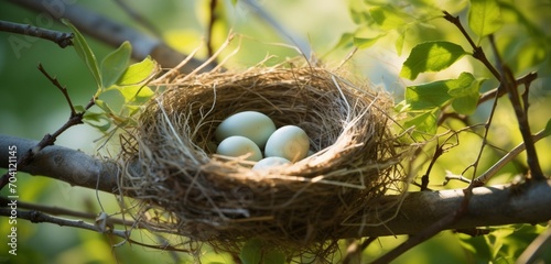 A high-definition image of a bird's nest with eggs nestled among tree branches