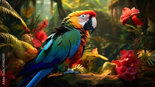 A high-definition image of a colorful parrot in a rainforest  with detailed plumage