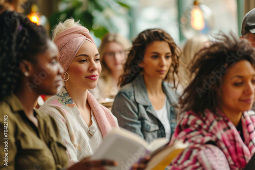 Book club, an inviting scene featuring a diverse group of women gathered for a book club meeting.