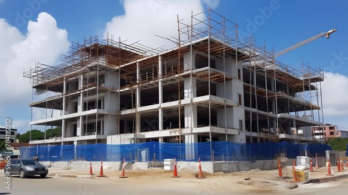 Apartment building under construction with scaffolding photo