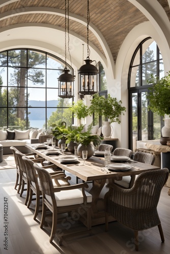 Elegant Farmhouse Dining Room With Lake View