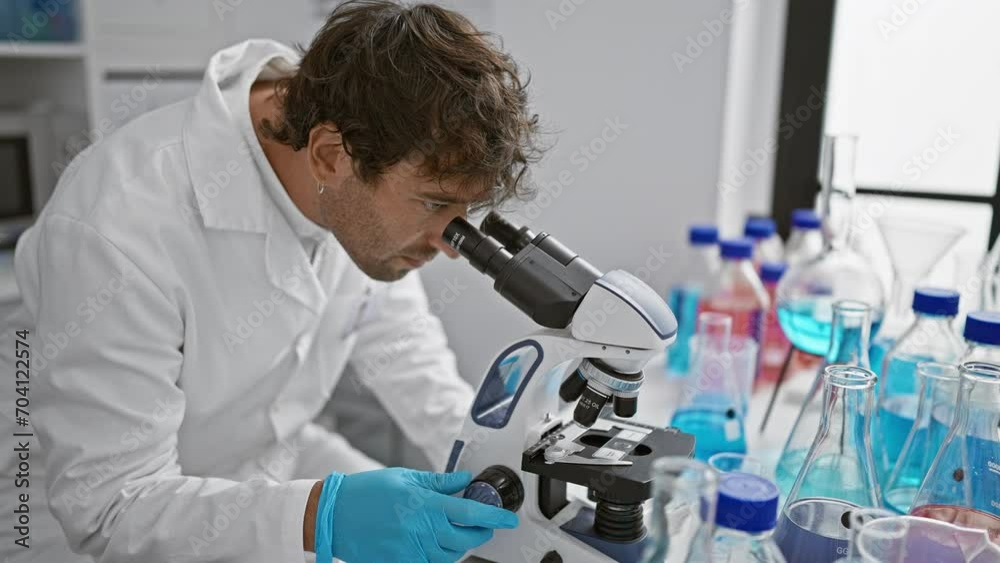 A focused man in a lab coat examines samples under a microscope in a modern laboratory setting. A focused man in a lab coat examines samples under a microscope in a modern laboratory setting.