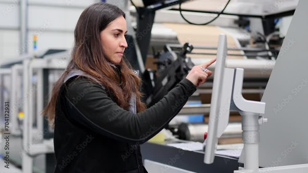 Female worker using touchscreen to set a machine in a factory. Female worker using touchscreen to set a machine in a factory.