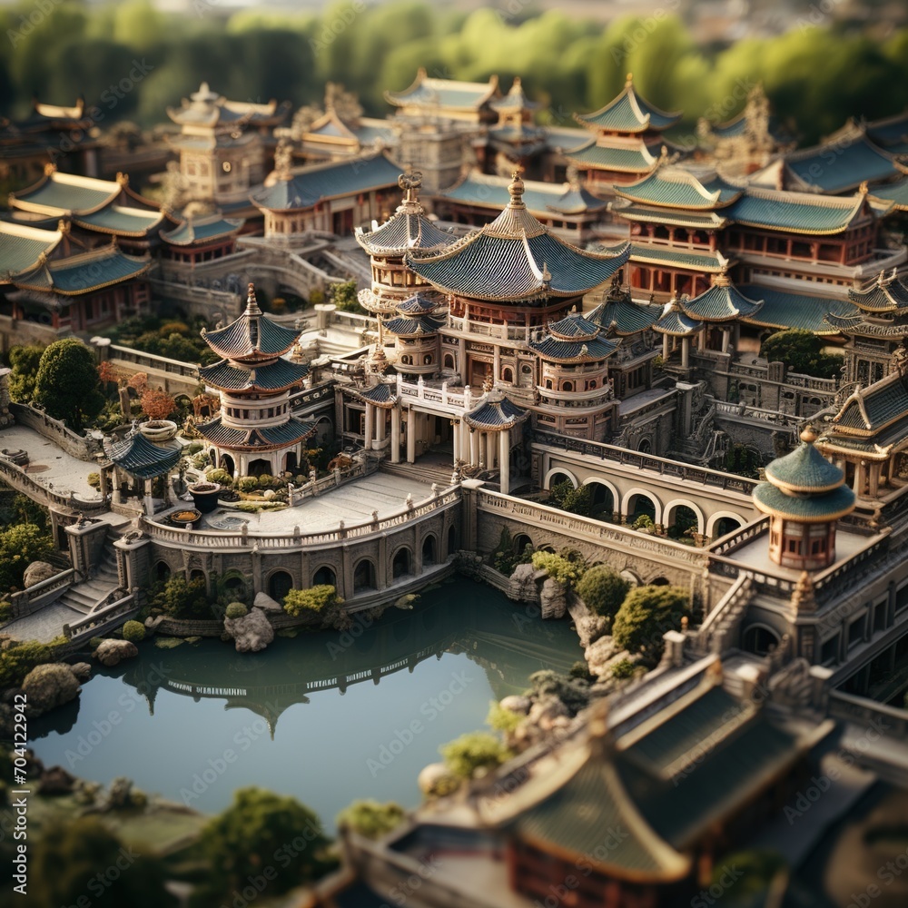 Miniature Chinese palace complex with reflection in water