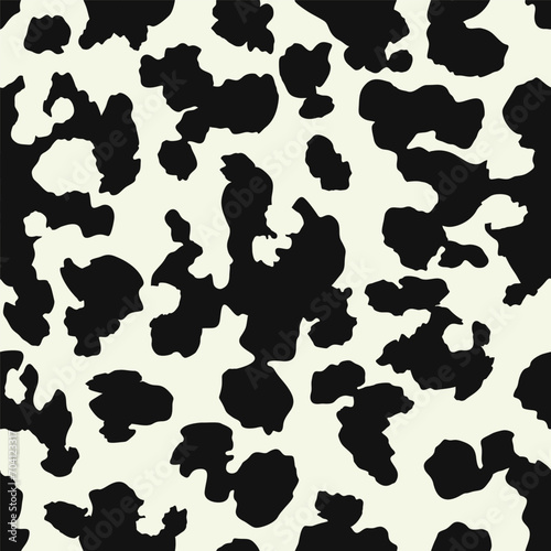 Cow skin texture, black and white spot repeated seamless pattern. Animal print dalmatian dog stains. Vector