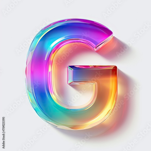 alphabet letter, opalescent rainbow-chrome-holographic letter 'G', white background