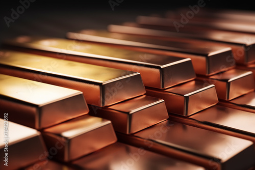 Copper bars background. Copper production. World prices for copper metal on global metals market and mining market. Copper bullion bars precious metals investing photo