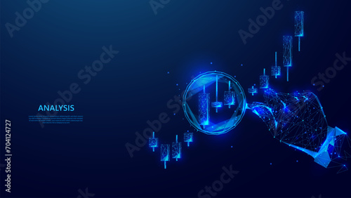 Stock market investment trading business candlestick chart analysis illustration on low poly style blue background. Stock market analysis, trading analysis, investment analysis.