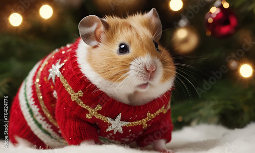 Christmas hamster. hamster wearing Christmas sweater with sequins