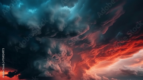 Black dark gray blue purple red pink coral orange storm clouds. Gloomy cloudy dramatic ominous epic sky background. Color gradient. Night evening sunset. Hurricane wind rain light lightning fire smoke © IC Production