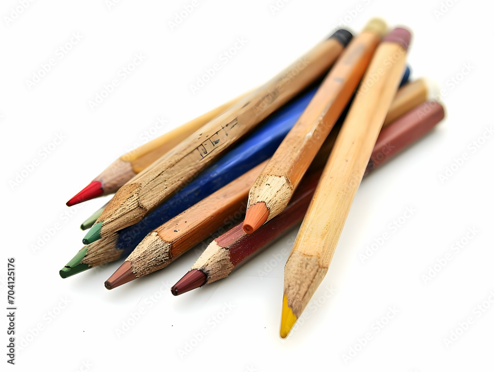 A different colors pencils and pens lying one by one isolated on a white background. High quality A different colors pencils and pens lying one by one isolated on a white background. High quality