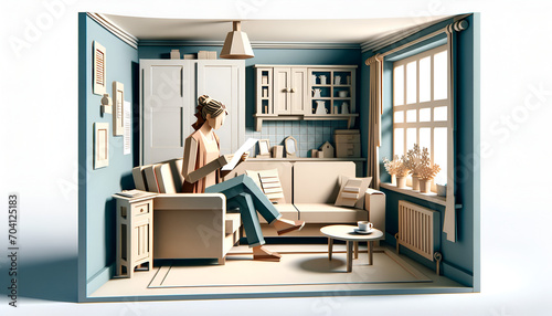 A typical English home, depicted in papercraft style. It features a living room with a sofa, where a woman is reading through her bills.