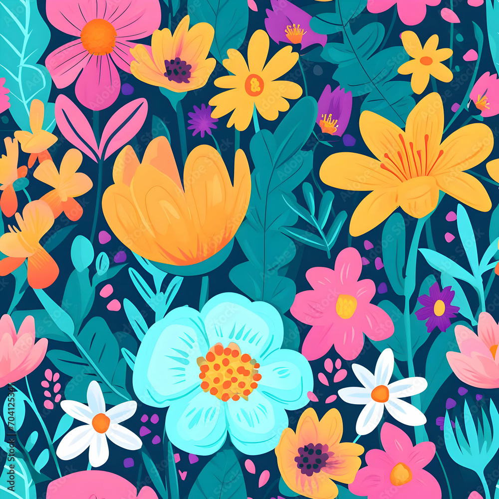 Summer flowers bright colors flat illustrations seamless patterns. Yellow and pink flowers with leaves. High-resolution