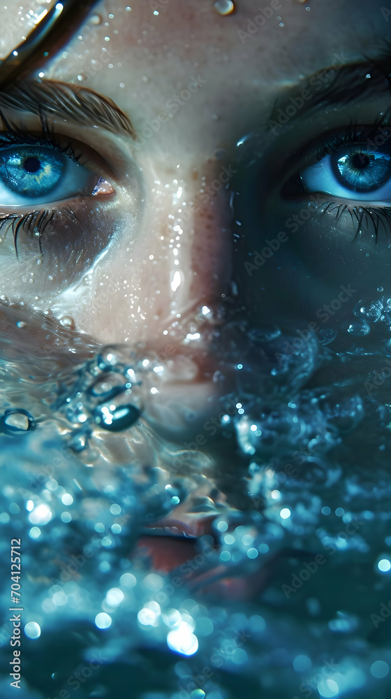 Blue female eyes look out of the water. Close-up woman portrait. High quality