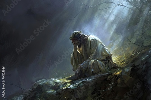 A depiction of jesus at gethsemane in deep anguish Illustrating human emotions and divine mission photo
