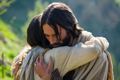 A heart-touching scene of jesus embracing a repentant sinner Symbolizing forgiveness and love