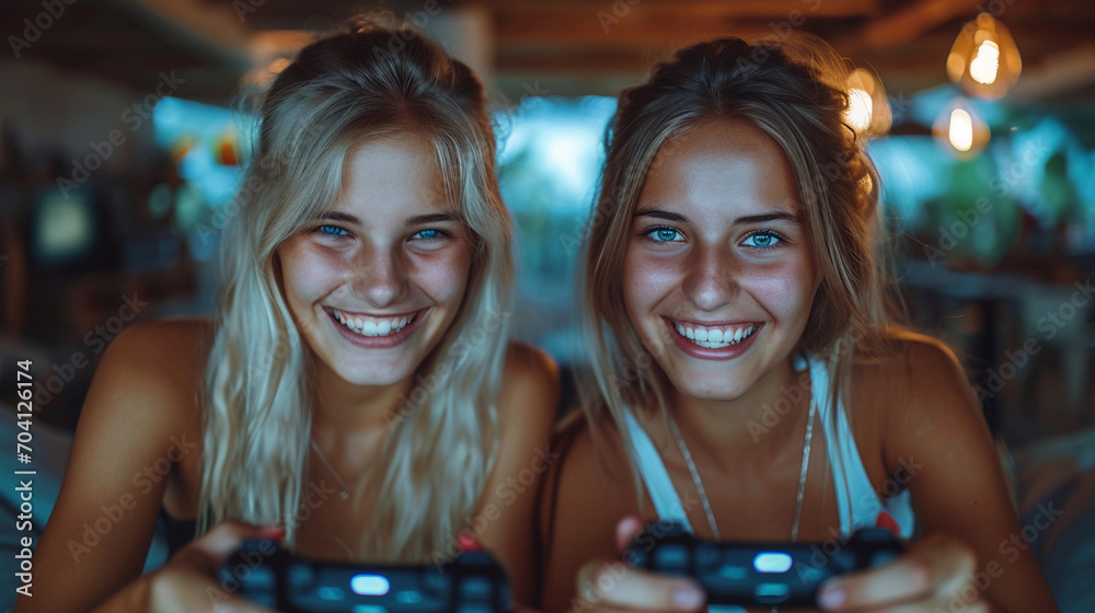 Two girls play video game