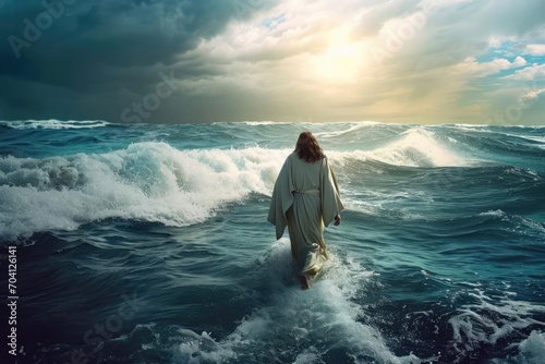 Jesus walking on water With a stormy sea in the background