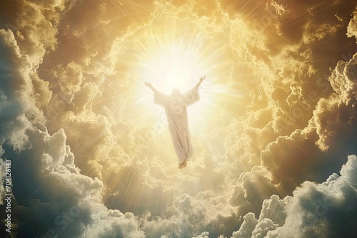 The ascension of jesus christ into heaven With a radiant light and clouds photo
