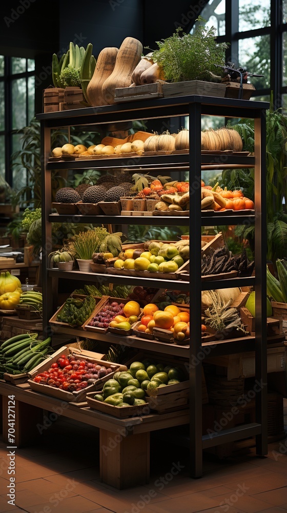 Fresh and colorful produce on wooden shelves in a grocery store