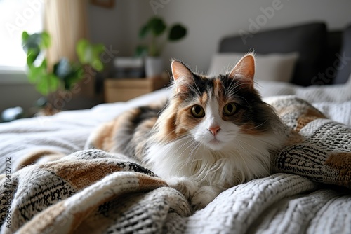 orange and white calico cat sitting on a blanket on a bed