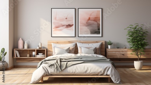 Modern bedroom interior with two paintings above the wooden bed