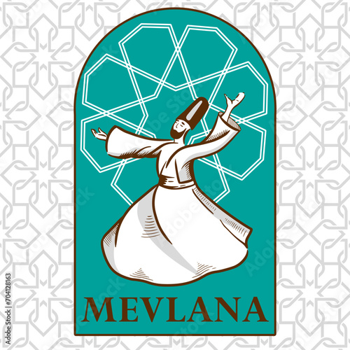 Happy Mevlana Rumi Day. Traditional Sufi Festive Mevlana banner Template with Dervish Whirling in religious dance.