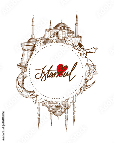 Sketch Drawing of the Blue Mosque, Tulip, Dancing Dervish, and Glass of Tea symbols of Istanbul, Turkey. Turkish Tourist Attractions design.